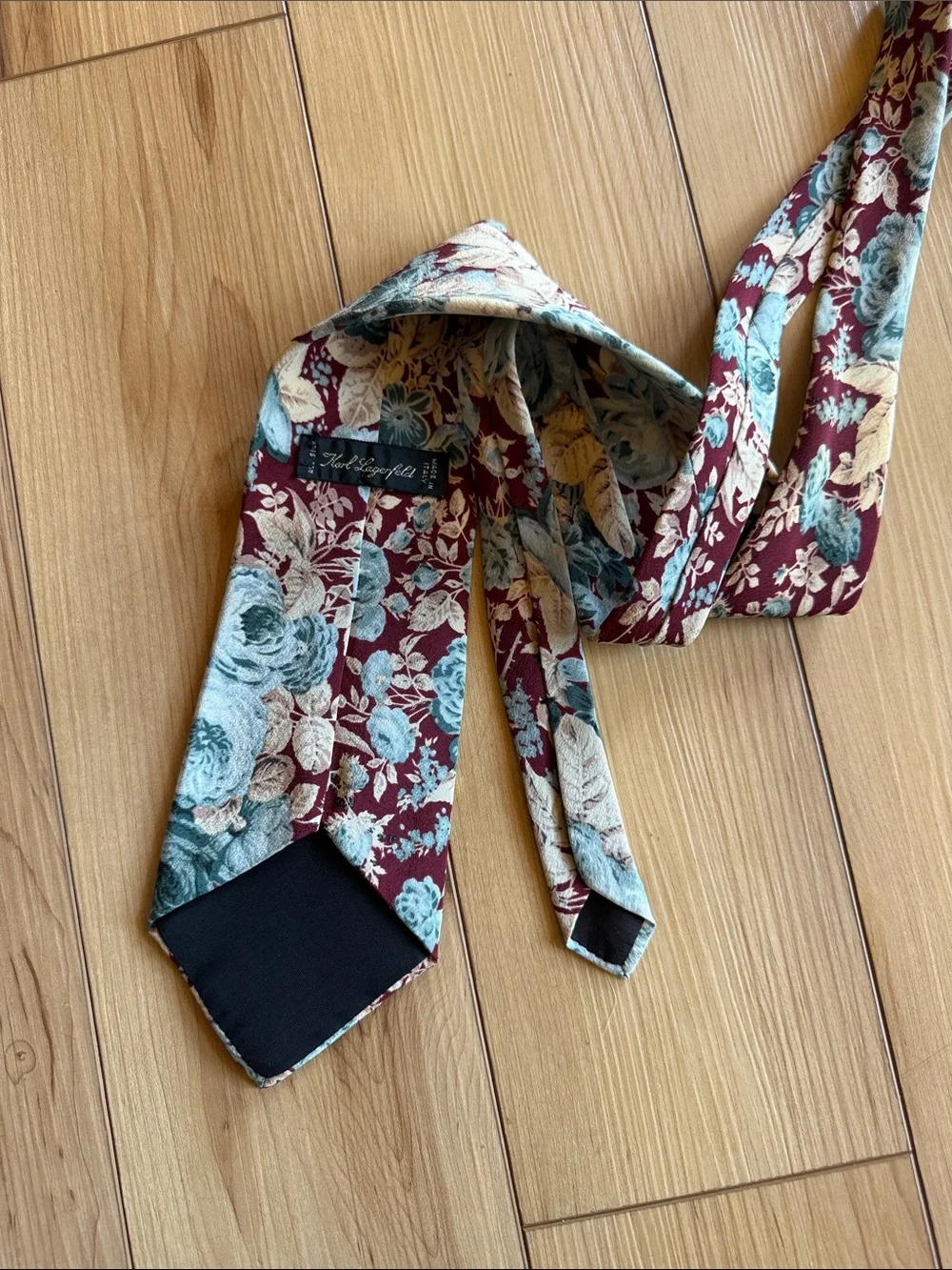 Karl Lagerfeld Burgundy Floral Vtg Silk Tie with Teal and Cream Accents